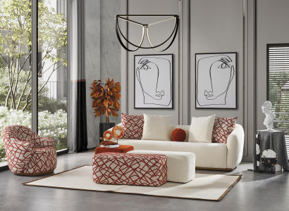 Living room sofa set, sofa, 4-seater, armchair, 3x stools, white, four-seater fabric